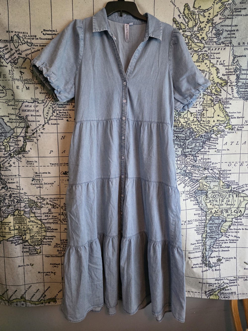 Light Blue Denim Tiered Button-Front Midi Dress by